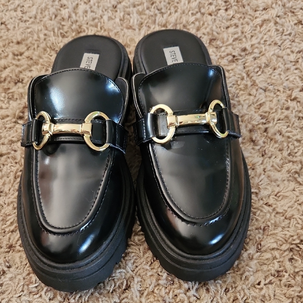 Steve Madden Black Patent Loafers with Gold Hardware